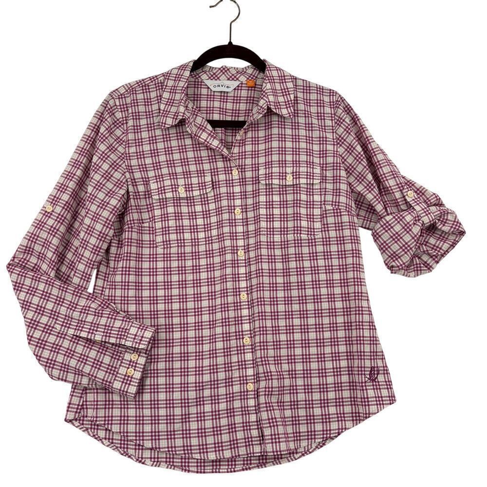 Orvis Button Up Shirt Women's Size M Red‎ White Plaid Roll Tab Sleeves Stretch